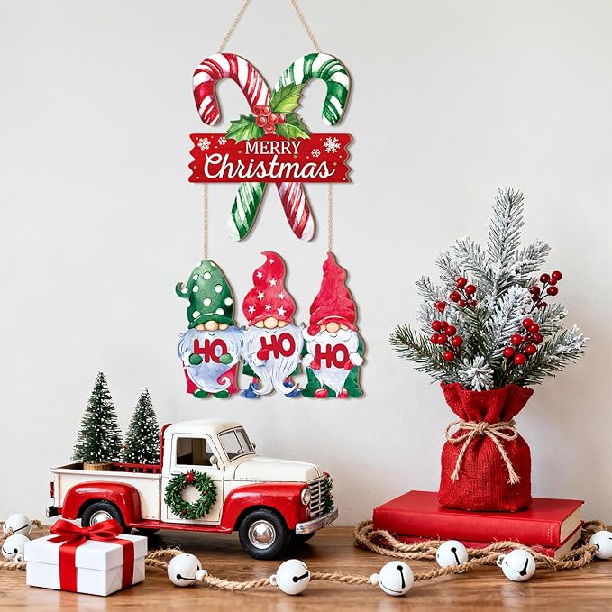 CHDITB Xmas Wooden Sign, Merry Christmas Wood Hanging Plaque, Candy Cane Holiday Front Door Sign, Dwarf Christmas Wall Art Sign Hanger, Xmas Seasonal Wall Decor for Outdoor Porch Yard Fireplace Decor