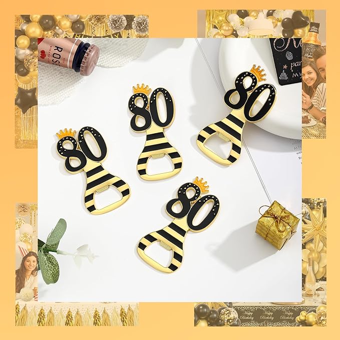 24pcs 80th Gold Keychain Bottle Opener 80th Birthday Party Favors, 80 Keychain Beer Bottle Opener Favors Anniversary Souvenirs Return Gifts for Guests Party Decor Supplies (black 80)