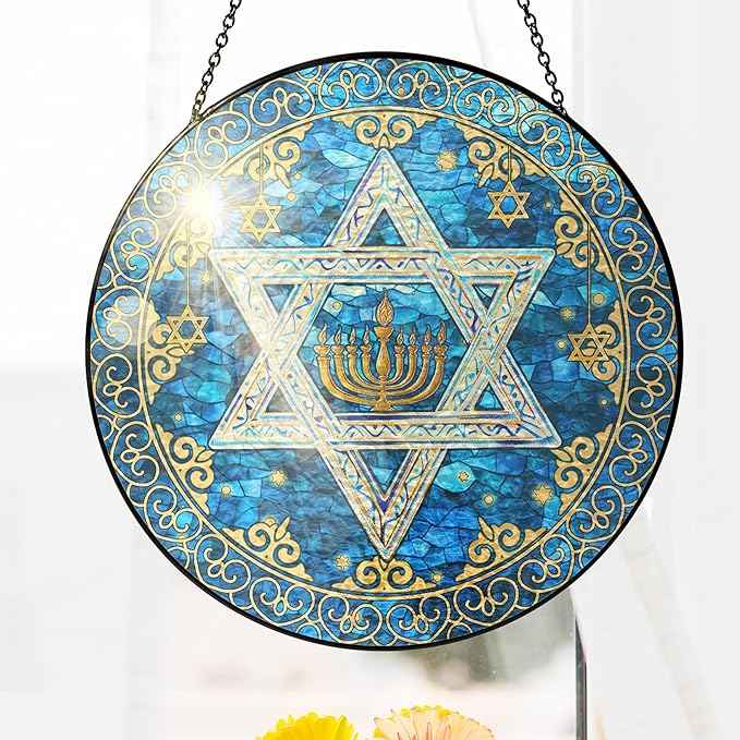 FLAGWIX Hanukkah Gifts for Women Men - Star of David Stained Glass Window Hanging 8 in - Hanukkah Sun Catcher Hanging Decor, Chanukah Suncatchers for Garden Decor, Religious Spiritual Gifts for Mom