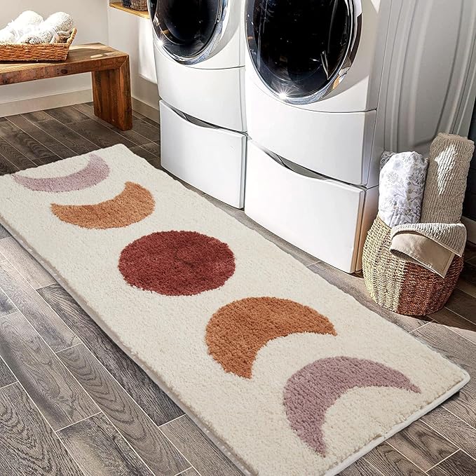 Boho Bathroom Runner Rugs - Gradient Moon Phases Bath Mat,Non Slip Half Moon Witch Rugs,Bohemian Witchy Hippie Bathroom Decor, Long Runner Rug for Bedroom Hallway,Beige Neutral Creamy 50"x20"