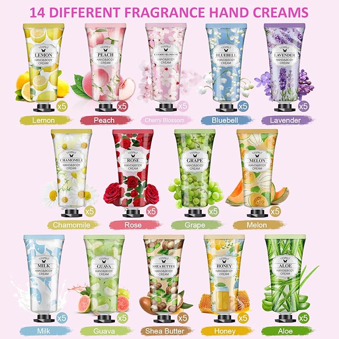 VESPRO 70 Pack Hand Cream Set, Valentines Day Gifts, Mothers Day Gifts, Bulk Hand Lotion Travel Size for Dry Cracked Hands, Mini Hand Lotion for Bridal Shower Gifts and Teacher Nurse Gifts