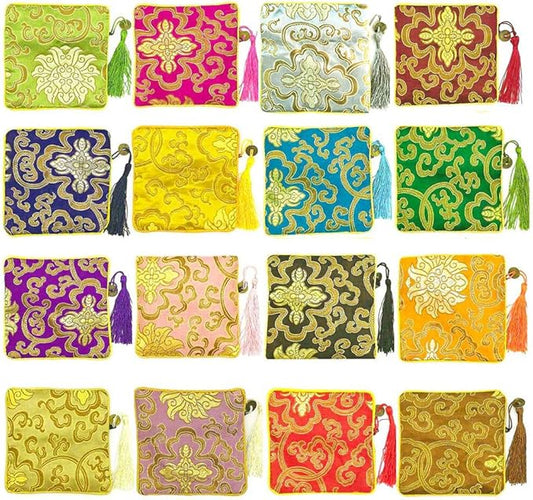 NHW EAVOQLB 16 pcs Traditional Brocade Embroidery Fringed Wallet Zipper Jewelry Bag Value Set