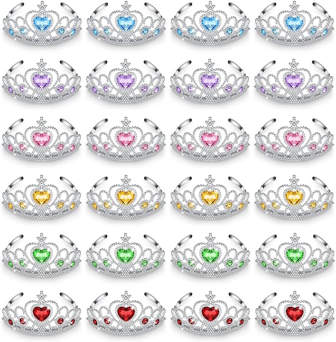 Zhanmai 24 Pcs Tiara Crown Set Princess Crown for Girls Plastic Tiaras Dress up Costume Party Favor Accessories Kid Birthday (Blue, Purple, Pink, Rose Red, Yellow, Green)