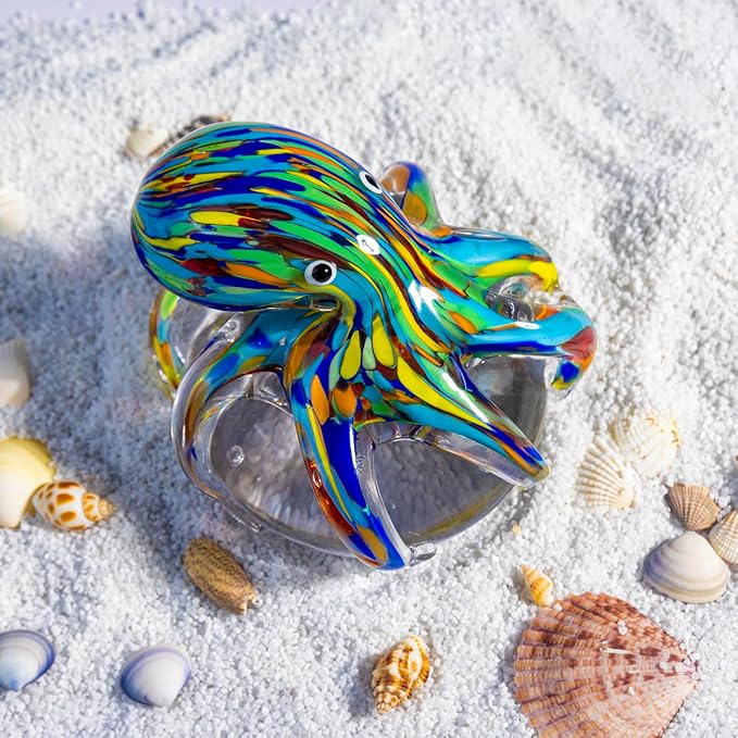 Hand Blown Art Glass Octopus Figurine on Crystal Ball | Handmade Sea Creature Collectible, Ocean Theme Desk Paperweight & Aquarium Decor (Turquoise)