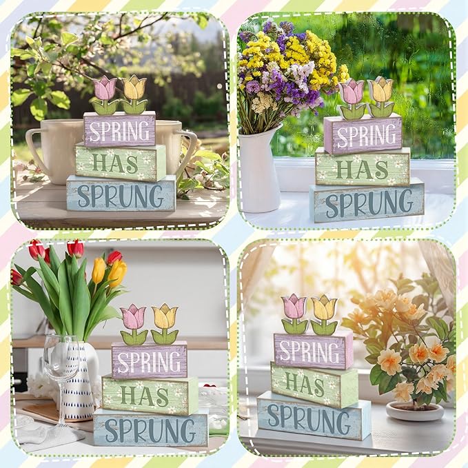 4 Pcs Spring Table Decor Wood Floral Decoration Tulip Centerpiece Spring Tiered Tray Decor Decorative Colorful Flower Block Signs Gift Farmhouse Decoration for Home Kitchen