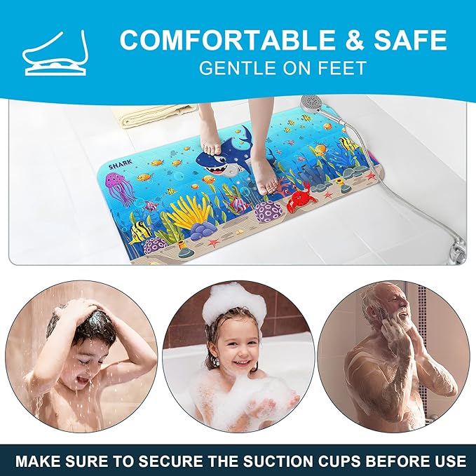 XIYUNTE Baby Bath Mat for Tub Non Slip Kids Bath Mat - 40''x16'' Extra Long Cartoon Bathtub Mat Non Slip Kids Shower Mat Eco-Friendly Toddler Bath Mats with Suction Cups, Machine Washable, Shark