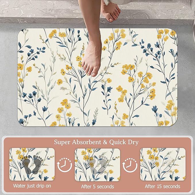 Blue Leaves Bath Mat,Yellow Berries Diatomaceous Earth Bath Mat,Rubber Backing Quick Dry Absorbent Washable Bathroom Rugs for Tub Non Slip 17"x29.5"