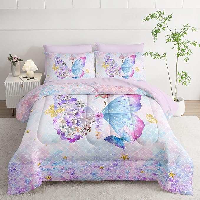 7Pcs Cartoon Butterfly Comforter Set Watercolor Printed Bedding Set with 1 Comforter, 1 Flat Sheet, 1 Fitted Sheet and 4 Pillowcases for Bedroom All Season(Butterfly-3 Queen)