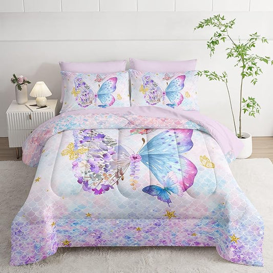 7Pcs Cartoon Butterfly Comforter Set Watercolor Printed Bedding Set with 1 Comforter, 1 Flat Sheet, 1 Fitted Sheet and 4 Pillowcases for Bedroom All Season(Butterfly-3 Full)