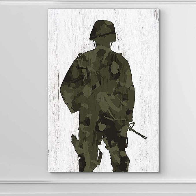 Renditions Gallery Canvas Figurative Wall Art Modern Paintings Decorations Military Soldier Silhouette Abstract Green Black American Patriotic Artwork for Bedroom Office Kitchen - 24"x32" LT25