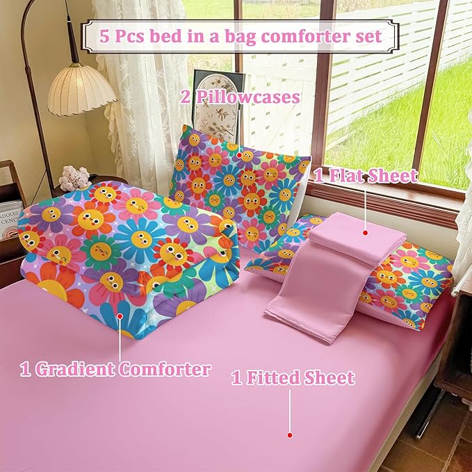 Full Size Bedding Sets Kids Bedding Sets for Girls, Galaxy Bedding 5 Pieces Bed in A Bag Full Size, Glitter Colorful Comforter for Girls