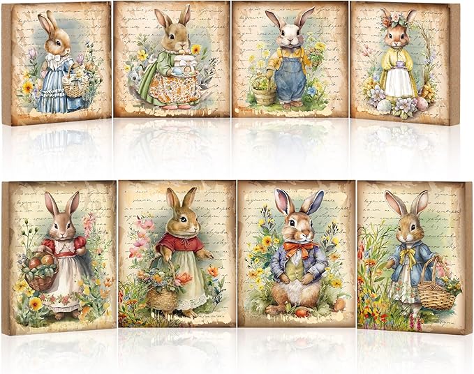 Wenqik 8 Pcs Vintage Easter Decorations Retro Bunny Egg Wooden Sign Easter Table Centerpiece Rustic Ornaments Tiered Tray Decor Sign for Spring Home Tabletop Fireplace Decorations Supplies, 8 Styles
