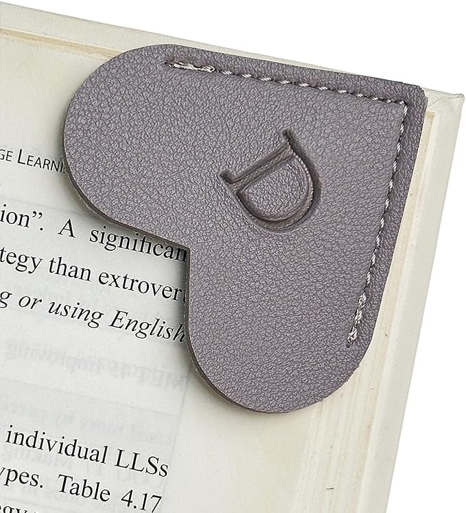 MOTEERLLU Personalized Leather Heart Bookmark with Initial, Cute Letters Custom Corner Book Mark for Reading Women, Teacher, Student, Book Lovers Gifts & Accessories(Grey, D)