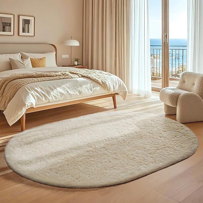 Ophanie 4x6 Oval Ivory Rugs for Bedroom Living Room, Fluffy Fuzzy Furry Carpet, Plush Soft Shaggy Bedside Indoor Floor Area Rug for Kids Girls Boys Baby Teen Dorm Nursery Home Decor Aesthetic