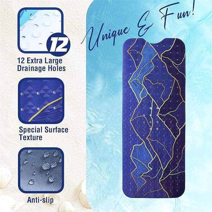 Mountain Bathtub Mat Non Slip 40x16in Gold Line Extra Long Bath Mat for Tub Bohemian Abstract Art Anti Slip Shower Mat for Bathroom with Large Drain Holes and Suction Cups Quality Bath Mats Decor
