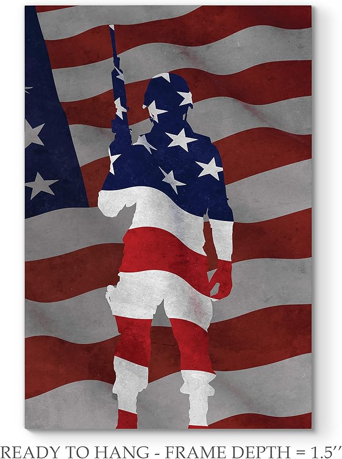 Renditions Gallery Canvas Patriotic Wall Art Paintings & Prints Artwork Proud Flag Draped Veteran Modern American Soldier Wall Hanging Decor for Dining Room Office Kitchen - 30"x40" LT25