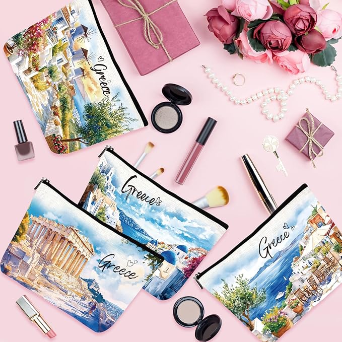 Greece Travel Souvenirs Gifts - 4Pcs Greece Travel Essentials Makeup Bags, Watercolor Greek Vacation Must Have Cosmetic Toiletry Bags with Zipper, Greek Gifts for Travelers Women Girls