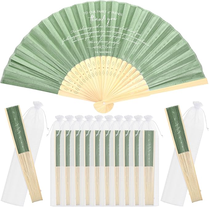 Menkxi 30 Pcs Silk Fabric Folding Fans Bulk for Wedding Guests Thank You Bamboo Folded Hand Fan for Bridal Shower Decoration Favor Vintage Handheld Fans Souvenirs with Organza Bag (Sage,Classic)