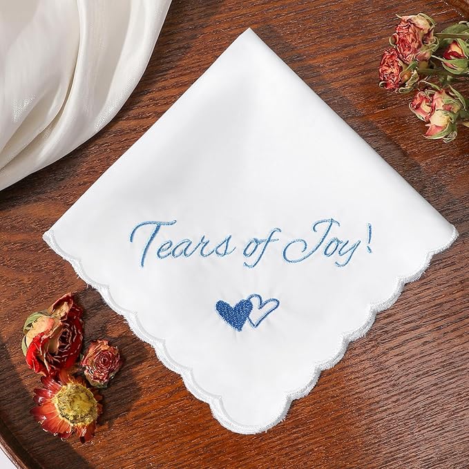 Wedding Handkerchief Something Blue for Bride, Mother Father of the Brides Groom Gifts, Embroidered Happy Tears Cotton Hanky