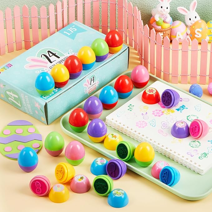 JOYIN 24Pcs Easter Egg Stampers Toys for Easter Eggs Hunt Game, Basket Stuffers Fillers, Kids Party Favor, Assorted Self-ink Stamp for Classroom Exchange and Prize Supplies Gifts