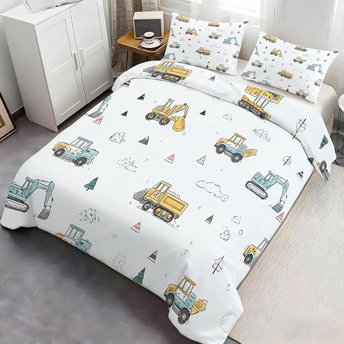Excavator Bulldozer Duvet Cover Oversized King Cartoon Construction Vehicles Bedding Set Children's Cartoon Car Comforter Set Colorful Engineering Quilt Cover with Zipper Ties for Bedroom