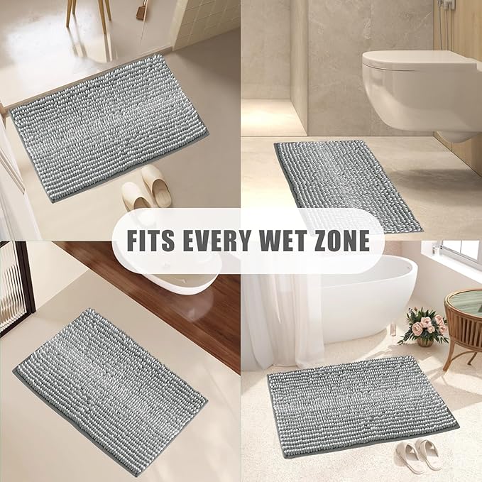 HDFK Bath Mat & Bathroom Rug - Soft XL Chenille Carpet, Machine Washable Quick-Dry Non-Slip Shower with Hot Melt Adhesive Base, Medium-Pile Striped Design for Bathtub Floor (32x20 Inch, Gray & White)