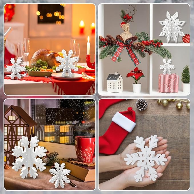 48 Pcs Wooden Snowflakes Table Decor for Christmas Table, 3D Snowflake Tabletop Signs Centerpiece for Xmas Winter Wonderland Decorations Home Party(White)