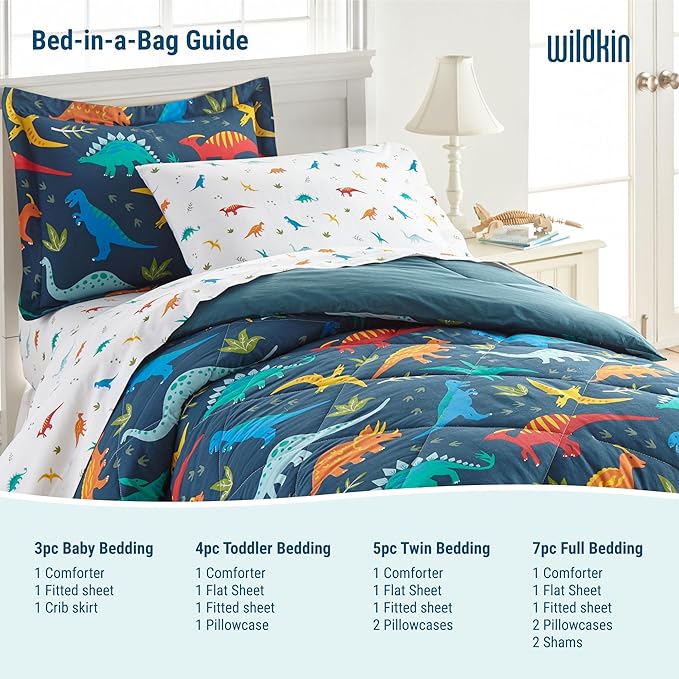 Wildkin 4-Piece Toddler Bed in a Bag – Cotton Comforter, Sheets & Pillowcase for Cozy Cuddles - Jurassic Dinosaurs