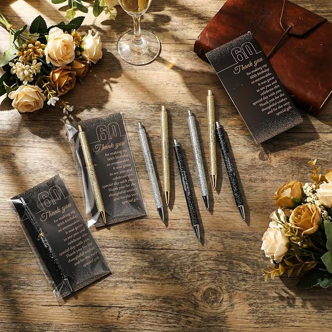 24 Set 60th Birthday Party Favor for Guests Anniversary Appreciation Gifts Birthday Glitter Ballpoint Pen and Thank You Cards for Women Men Years Party Favor Decoration Supplies