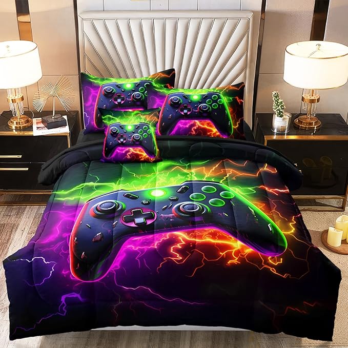 Full Gamer Bedding Sets for Boys Teen, 4 Pcs Full Size Gaming Comforter Set for Boys Full Szie Bedding Set