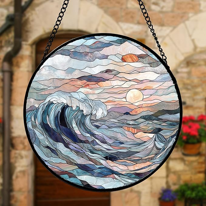 Stained Glass Window Hanging, Sunrise Waves Sun Catchers Diamond Glass Panel Hangings Abstract Suncatcher Decor for Birthday for Women, Men, Wife, Aunt, and Mom 11.8x11.8 in