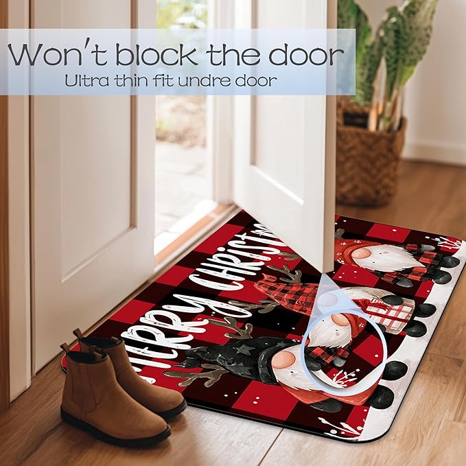 Christmas Gnomes Bathroom Mat, Non-Slip Rubber Backing Thin Low-Profile Bath Rug, Easy-Clean Bathroom Floor Mat for Shower, Bathtub, Kitchen, or Entryway