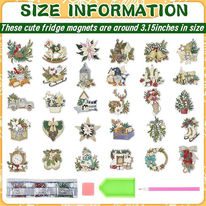 30 Pcs Refrigerator Diamond Art Magnets Easy Diamond Art Kits Fridge Stickers for Adults Kids DIY Home Decors(Winter)