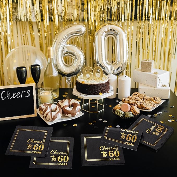 60th Birthday Cocktail Party Napkins-50PCS 13 * 13 inches Cheers to Years Disposable Paper Napkins for Birthday Wedding Anniversary Decorations Party Props Supplies Black and Gold (60th Napkins)