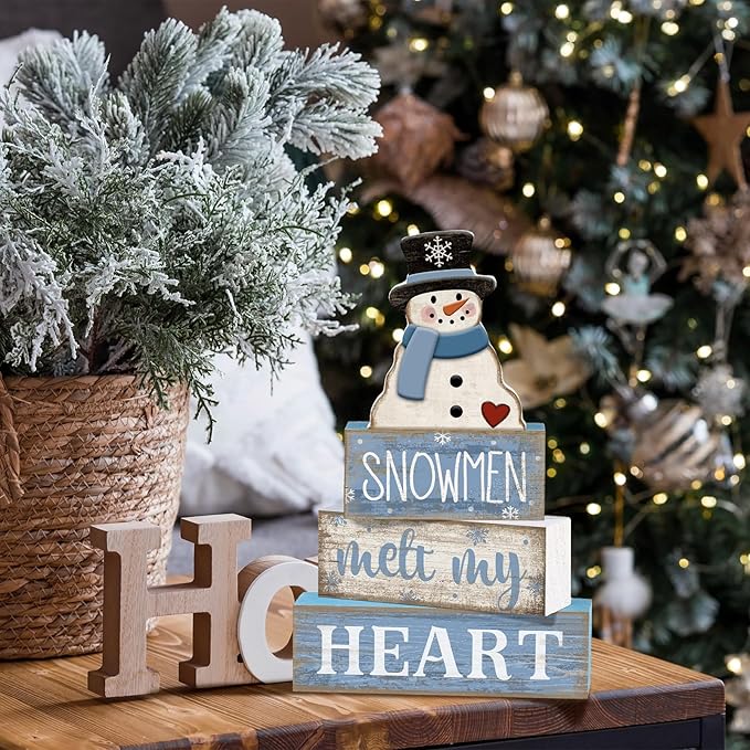 4 Pcs Winter Table Decorations Blue and White Snowman Decor Winter Tiered Tray Decor Christmas Table Centerpiece Rustic Decorative Snowmen Block Signs Gift Farmhouse for Home Kitchen Shelf