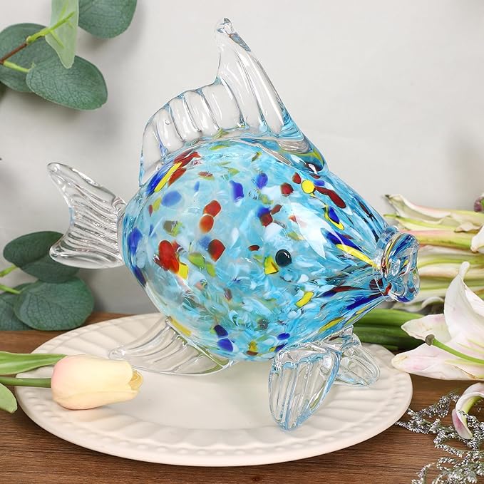 LCCCK Large Hand Blown Glass Fish Figurines, Aquarium Sea Glass Art, Fish Statue Sculpture Modern Coastal Accent - for Beach Knick Knacks, Coffee Tables, Nautical Offices Centerpiece (Aqua)