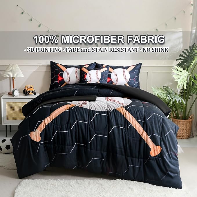 6pcs Baseball Twin Bedding Sets for Boys,Sports Black Twin Size Comforter Set with Sheets for Boys Kids Teens
