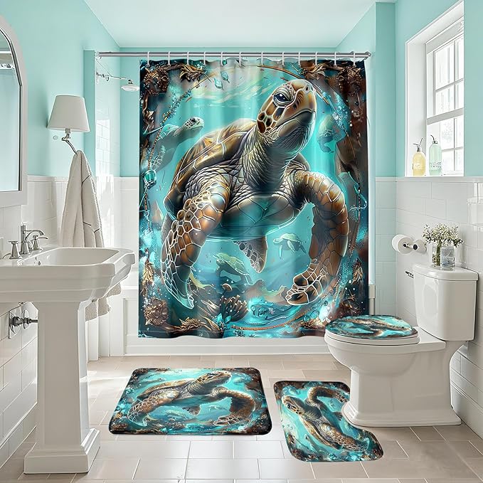4 Pcs Ocean Shower Curtain - Sea Turtle Shower Curtain Under The Sea Curtain for Bathroom Ocean Bathroom Sets with with 12 Hooks