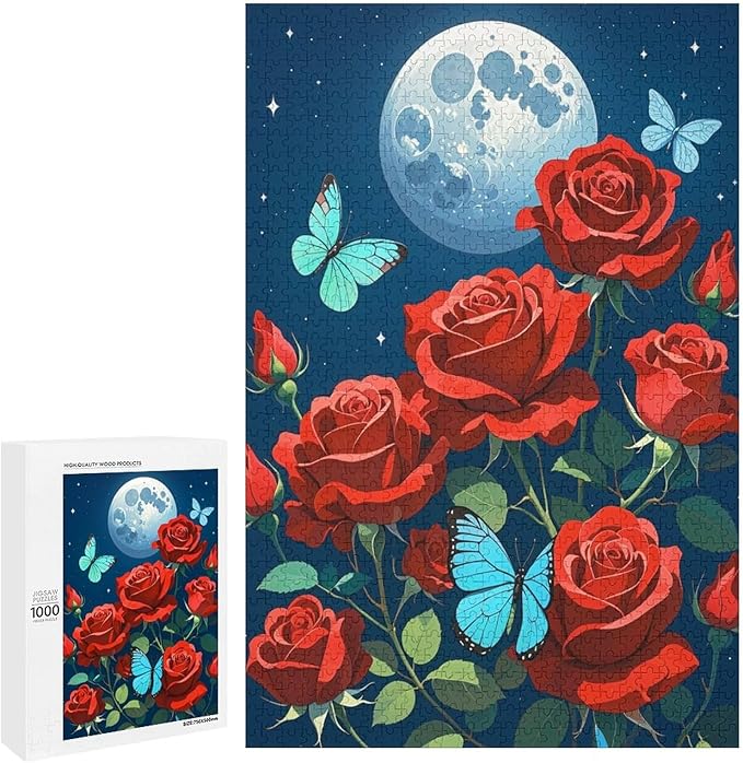 Jigsaw Puzzles for Adults 1000 Piece - Butterfly Red Rose Garden Wooden Puzzles, Funny Puzzles，Unique Gifts for Wall Art，Family Puzzles，Educational Games，Challenge Puzzles