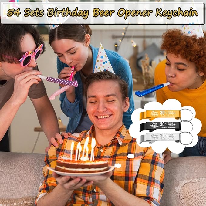 Dandat 54 Sets 30th Birthday Party Favors for Guests Birthday Beer Opener Keychain Cheers to 30 Bottle Opener Keychain with Thank You Cards and Gift Bags for Anniversary Wedding Party Favors