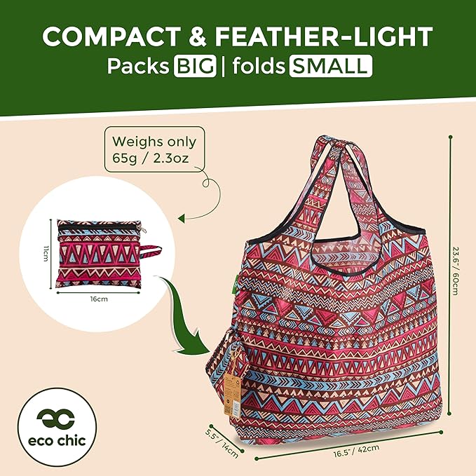 ECO CHIC Foldable Reusable Large Grocery Bags - Foldable Grocery Bags - Lightweight, Recycled & Reusable Shopping Bag - Waterproof, Packable Tote Fitting in Fine Grocery Bag Carrier