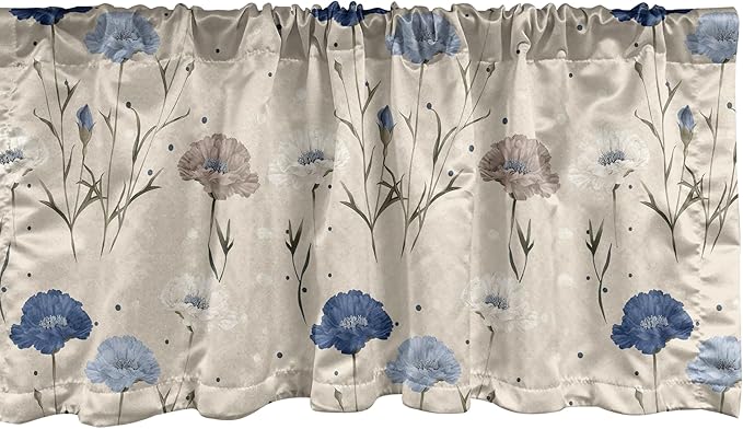 Ambesonne Garden Window Valance Pack of 2, Floral Melancholy Blooming Poppy Flowers with Leaves on Dotted Back, Rod Pocket Curtain Valances for Kitchen Bedroom, 54" X 12", Beige Night Blue Dark Tan