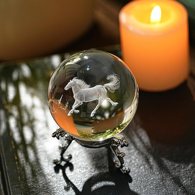 ZEERSHEE 60mm 3D Horse Crystal Ball Figurines with Stand Chinese Zodiac Glass Ball Feng Shui Sphere Home Table Decor
