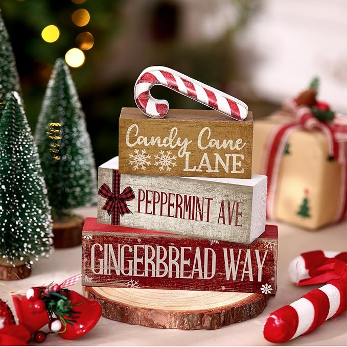 4 Pcs Christmas Table Decor Wooden Candy Cane Decoration Christmas Centerpiece Winter Tiered Tray Decor Red and White Stripes Candy Cane Block Signs Gift Farmhouse Xmas Decoration for Kitchen