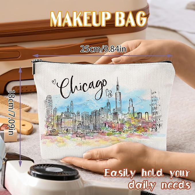Chicago Souvenirs Travel Essentials - Watercolor Chicago City Gifts for Woman, American Souvenirs Gift Makeup Bag for Purse, Travel Essentials Makeup Bags, Homewarming Birthday Gifts