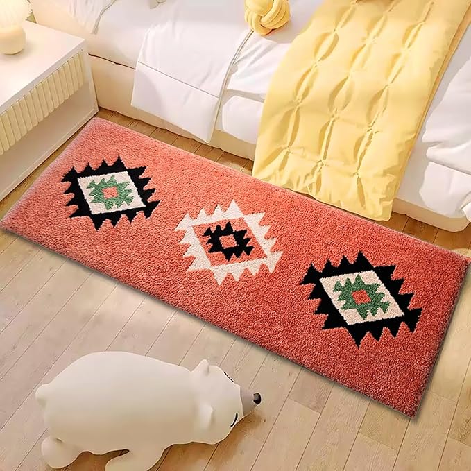 Bohemian Bathroom Rug Runner 60x24 Inch Long Bath Mat for Bathroom Tub Bedroom Kitchen Laundry Room Hallway, Fluffy Soft Bohemian Carpet Runner, Home Decor Rug, Coral