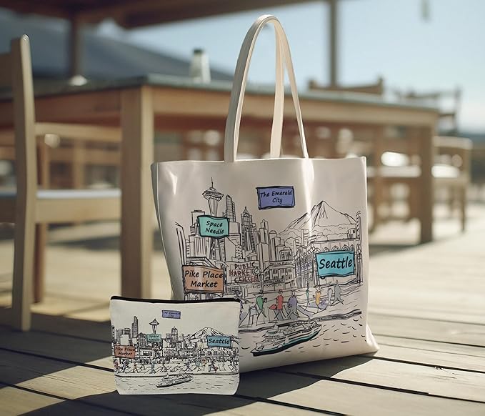 Cities Around the World Artwork Cosmetic Bag Series – Designed in USA, Travel Makeup Bag with Zipper, Souvenir Gift for Women, Artwork Organizer for Purse or Toiletry (Seattle)