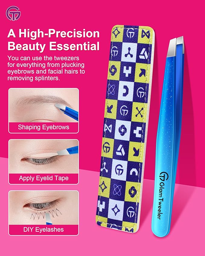 Expert Slant Tip Tweezers with Leather Travel Case, GlamTweeler Sharp & Precision Stainless Steel Tweezer for Eyebrows, Facial Hair and Fine Hairs Removal (Sparkle Royal Blue & Aqua)