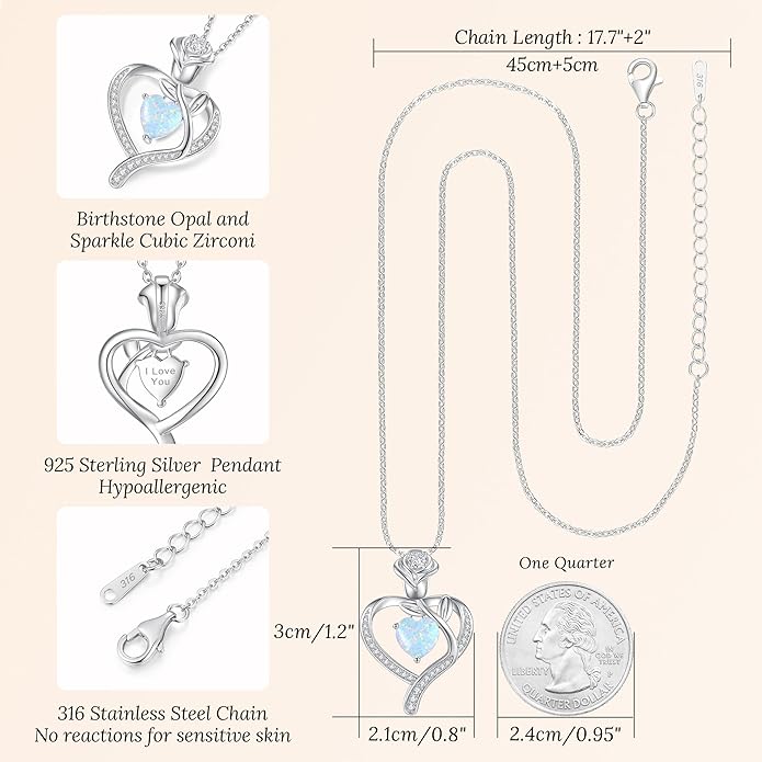 LOUISA SECRET Rose Flower Heart Birthstone Necklaces for Women, 925 Sterling Silver Fine Jewelry, Pendant Heart Necklaces Birthday Anniversary Christmas Gift for Women Wife Mom Girlfriend Lady