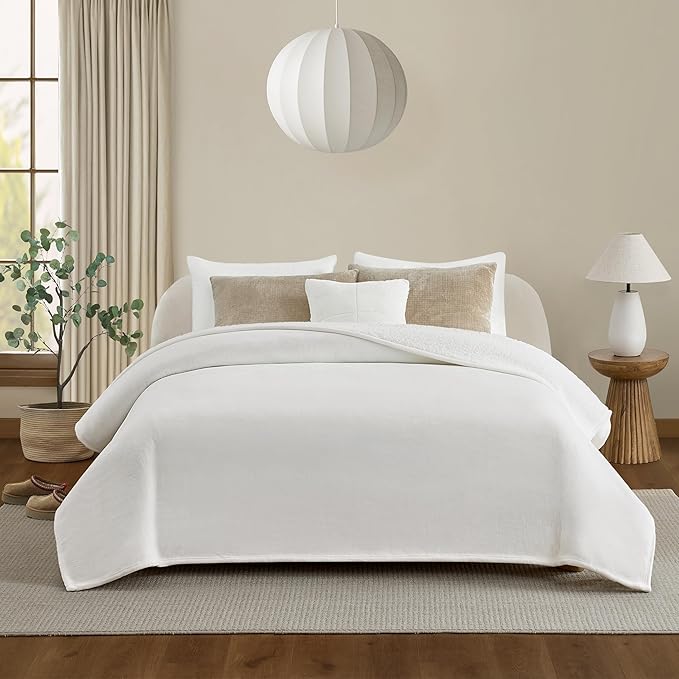 UGG Nita Full/Queen Blanket Fleece Fluffy Reversible Soft Fuzzy Bedding Cozy Plush Warm Oversized Blanket Machine Washable Bedroom Decor for Big Couch or Bed, 90-inch x 90-inch, White Snow